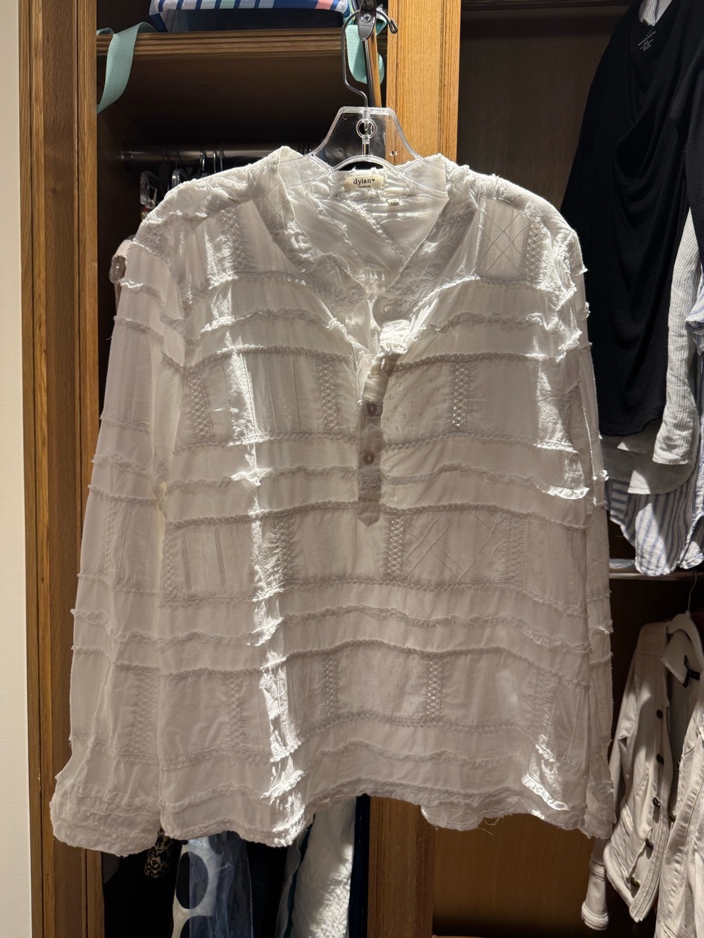 Dylan Women's Blouse Medium White Bohemian Patchwork Textured Button Longsleeve
